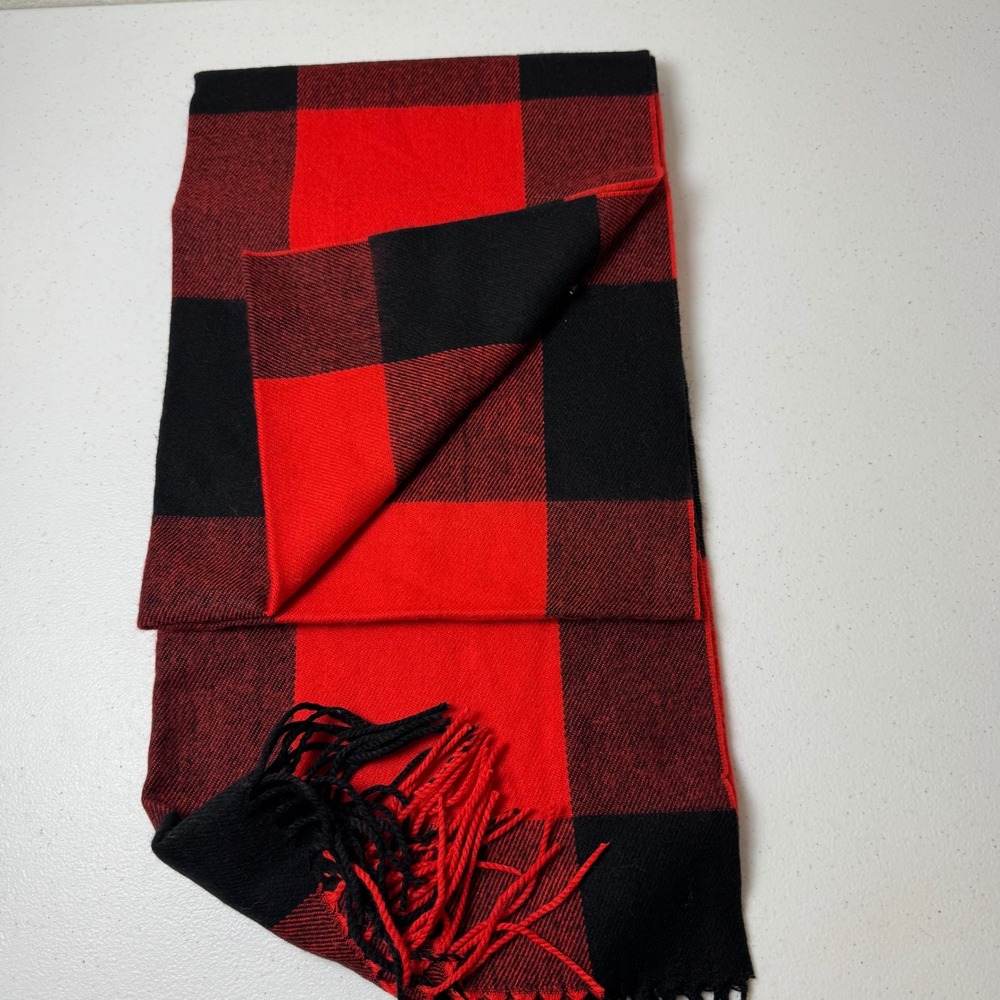 J.Crew Red Black Buffalo Check Plaid Scarf Fringed Winter Wrap H2853 NWT